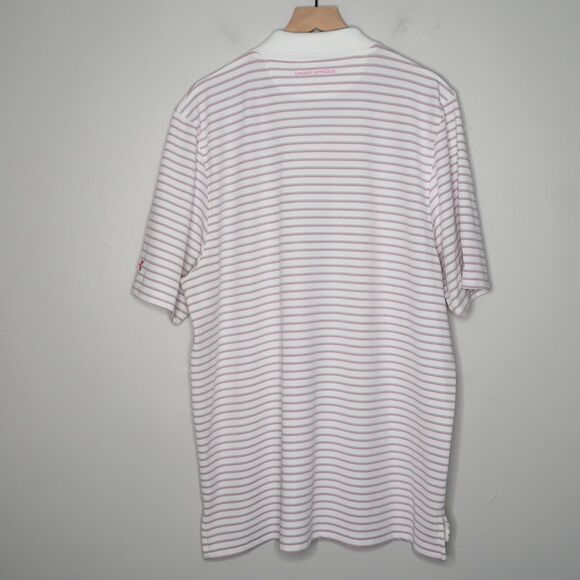 Under Armour Mens Loose Polo Shirt 2XL Pink White Stripes HeatGear Cancer Ribbon - Picture 2 of 11
